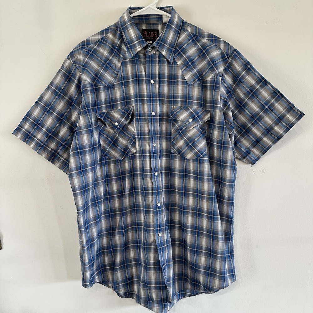 Plains Western Wear Shirt Mens Large Blue Plaid Pearl Snap Short Sleeve Cowboy